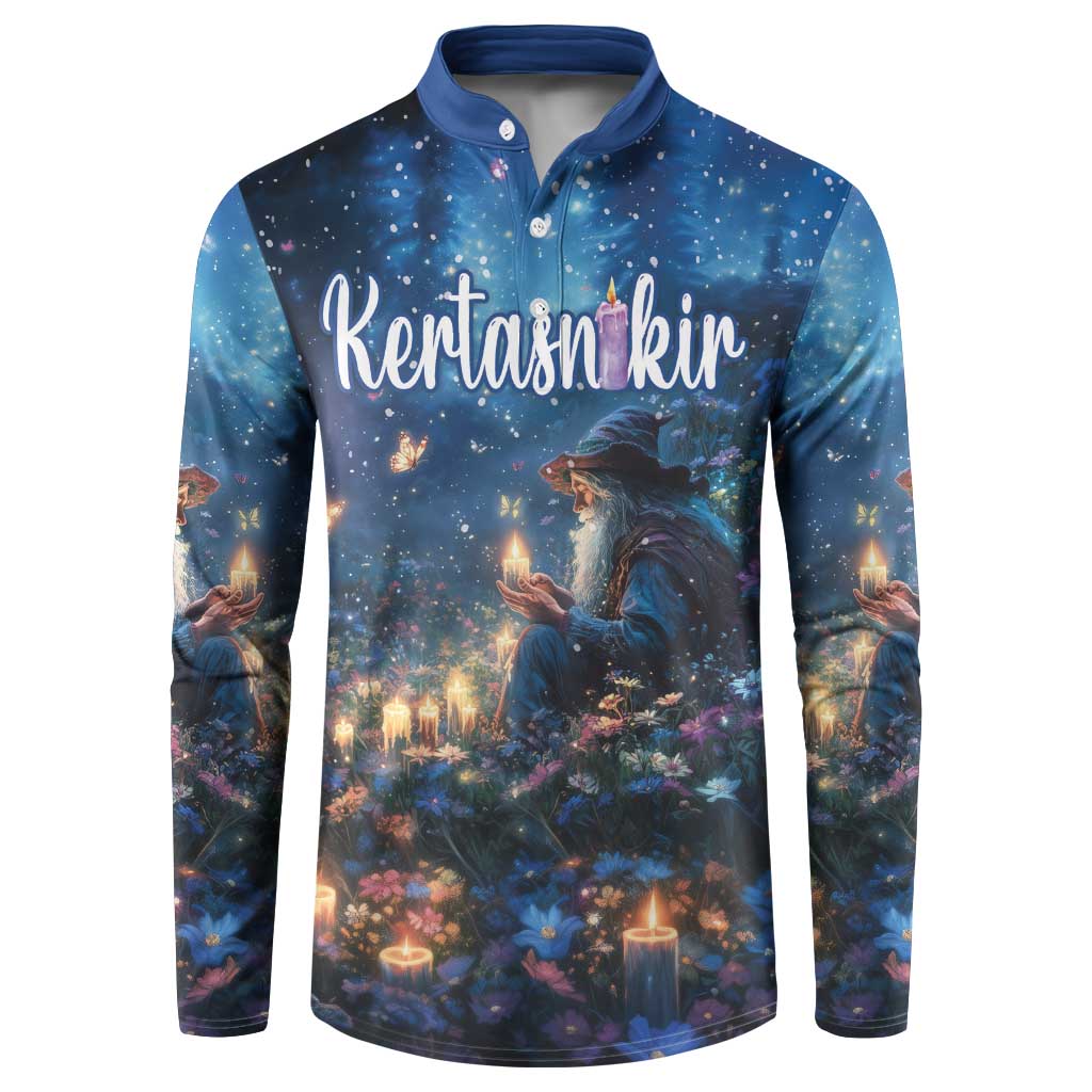 Blue button henley sweatshirt with front graphic and "Kertasnikin" text