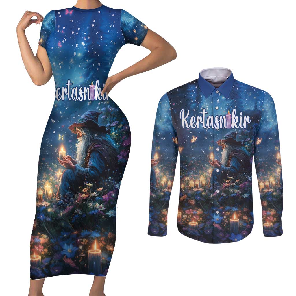 Personalized Iceland Yule Lads Christmas Couples Matching Short Sleeve Bodycon Dress and Long Sleeve Button Shirt Merry Kertasnikir Under Vibrant Flowers - Wonder Print Shop