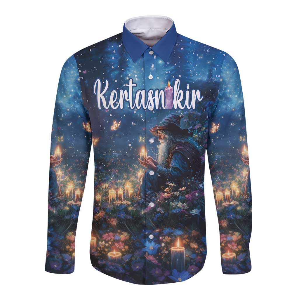 Blue long-sleeve button shirt with front fantasy elf and candle village graphic