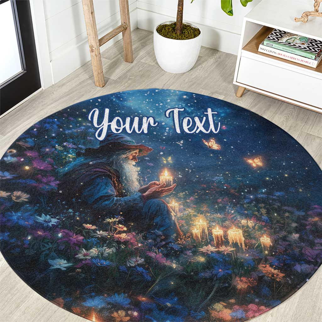 Personalized round blue Christmas carpet with nativity scene and “Your Text”