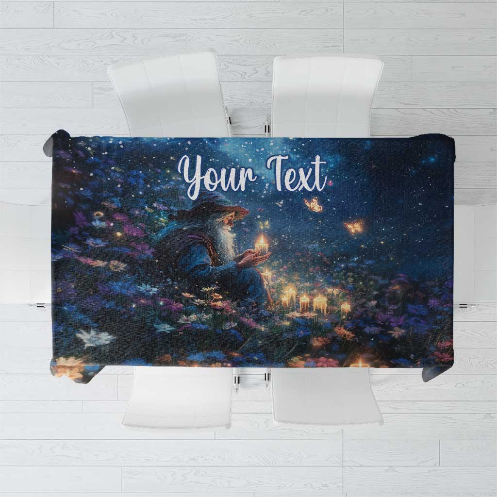 Dark blue tablecloth with winter scene and 'Your Text' print for personalization