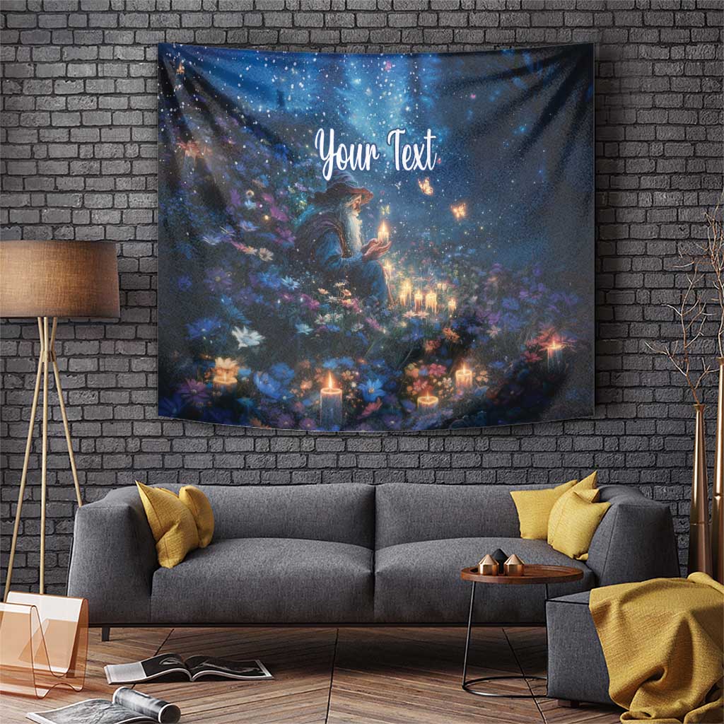 Blue Christmas tapestry with lantern-lit figure in a glowing floral night scene