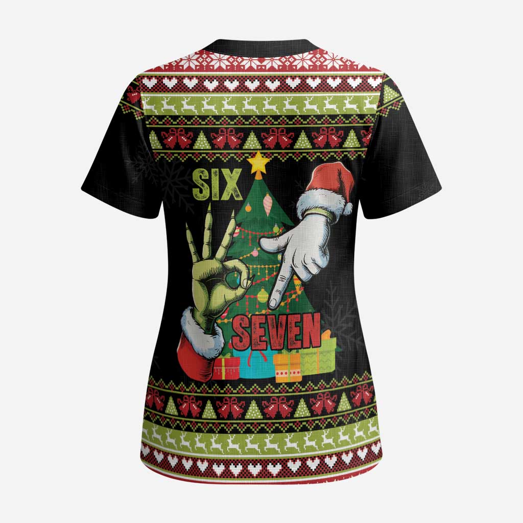 Six Seven Christmas Scrub Top Funny Santa and Green Hands - Wonder Print Shop