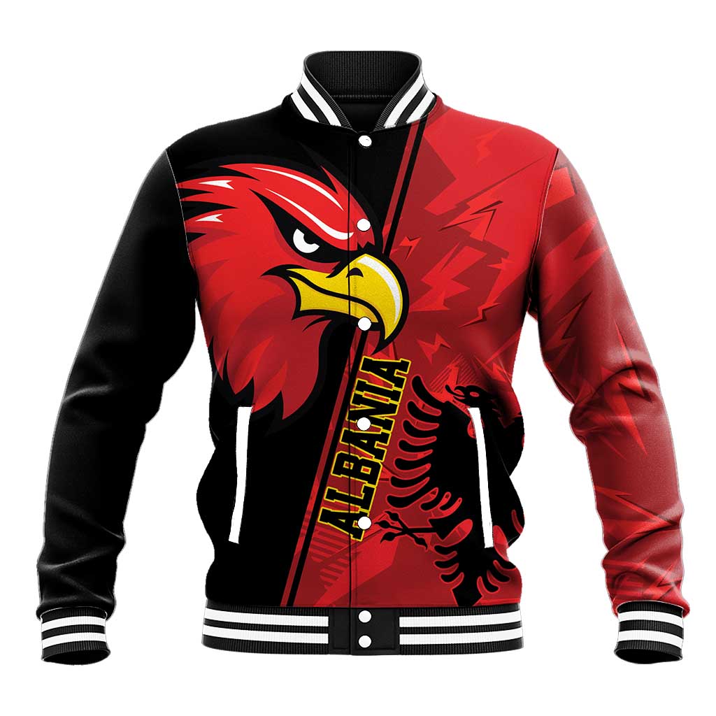 Red and black eagle baseball jacket with varsity striped collar, snap buttons, emblem