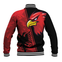Red and black eagle baseball jacket, striped ribbed hem and cuffs, full back graphic