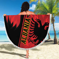 Round Albania eagle beach blanket, red and black grunge print with white fringed edge