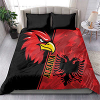 Eagle bedding set: black and red duvet with “ALBANIA” eagle emblem, paired with two black pillows
