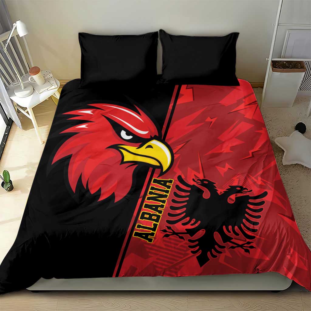 Black and red eagle bedding set featuring “ALBANIA” lettering and eagle emblem, with two pillows