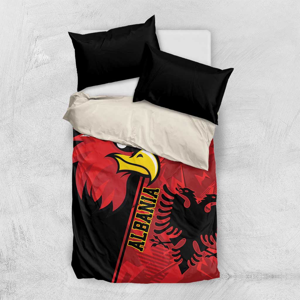 Eagle bedding set with black and red duvet, “ALBANIA” eagle emblem, two black pillows and top sheet