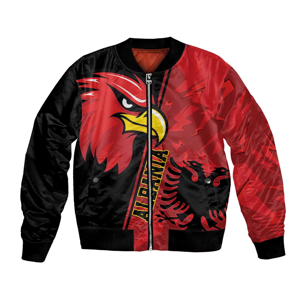 Unisex red and black bomber jacket with eagle emblem grunge graphic and full zip