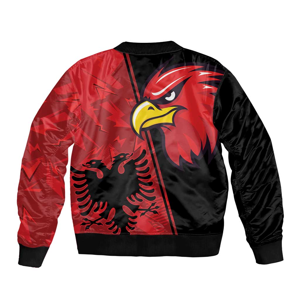 Unisex red and black bomber jacket with large eagle head front graphic, ribbed hem