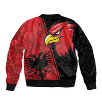 Unisex red and black bomber jacket with large eagle head front graphic, ribbed hem