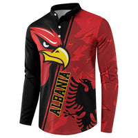 Mens red and black eagle graphic button sweatshirt, side front view, long sleeves