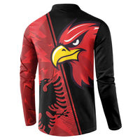 Mens red and black eagle graphic button sweatshirt, back view with large head graphic