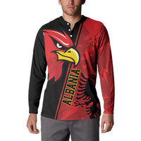 Mens red and black eagle crest button sweatshirt, long sleeves, button placket detail