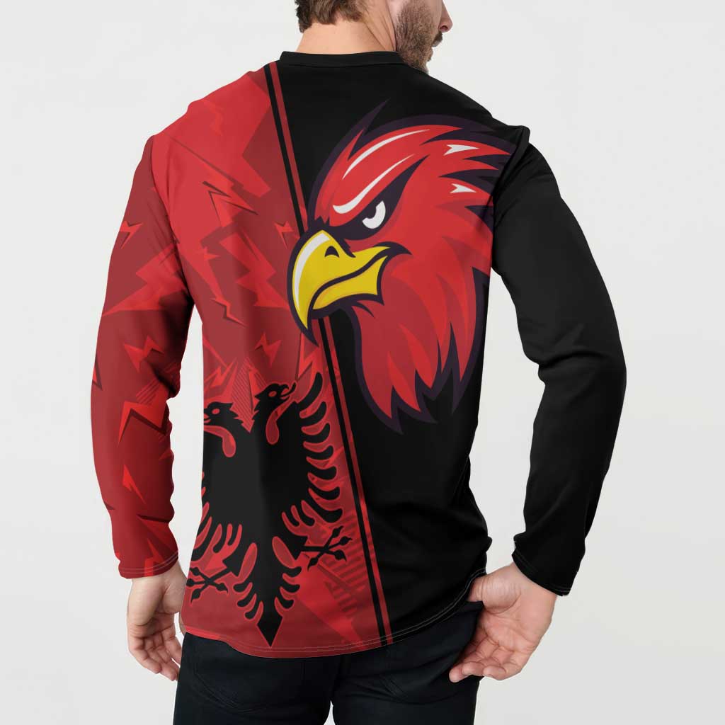 Mens red and black eagle graphic button sweatshirt, back view diagonal sleeve panel