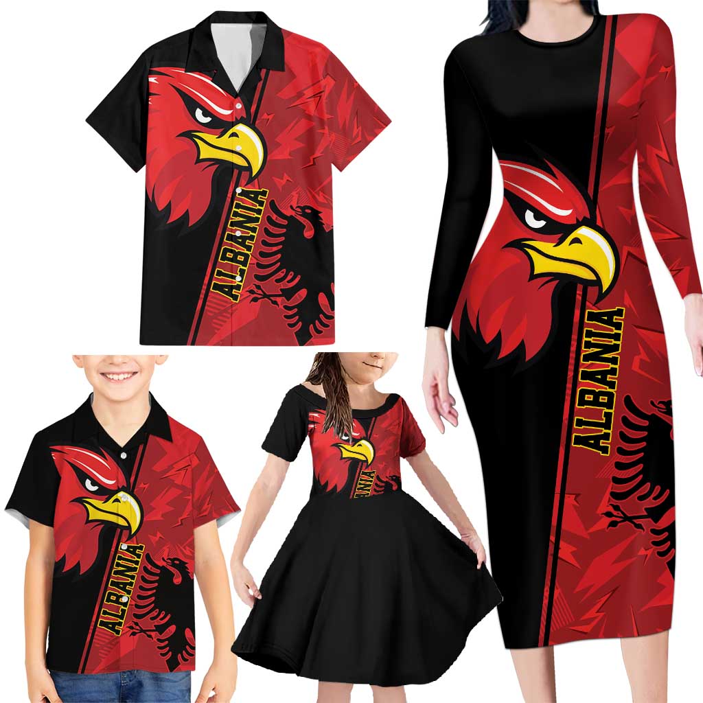 Albania Eagle Family Matching Long Sleeve Bodycon Dress and Hawaiian Shirt National Emblem Grunge Pattern - Wonder Print Shop