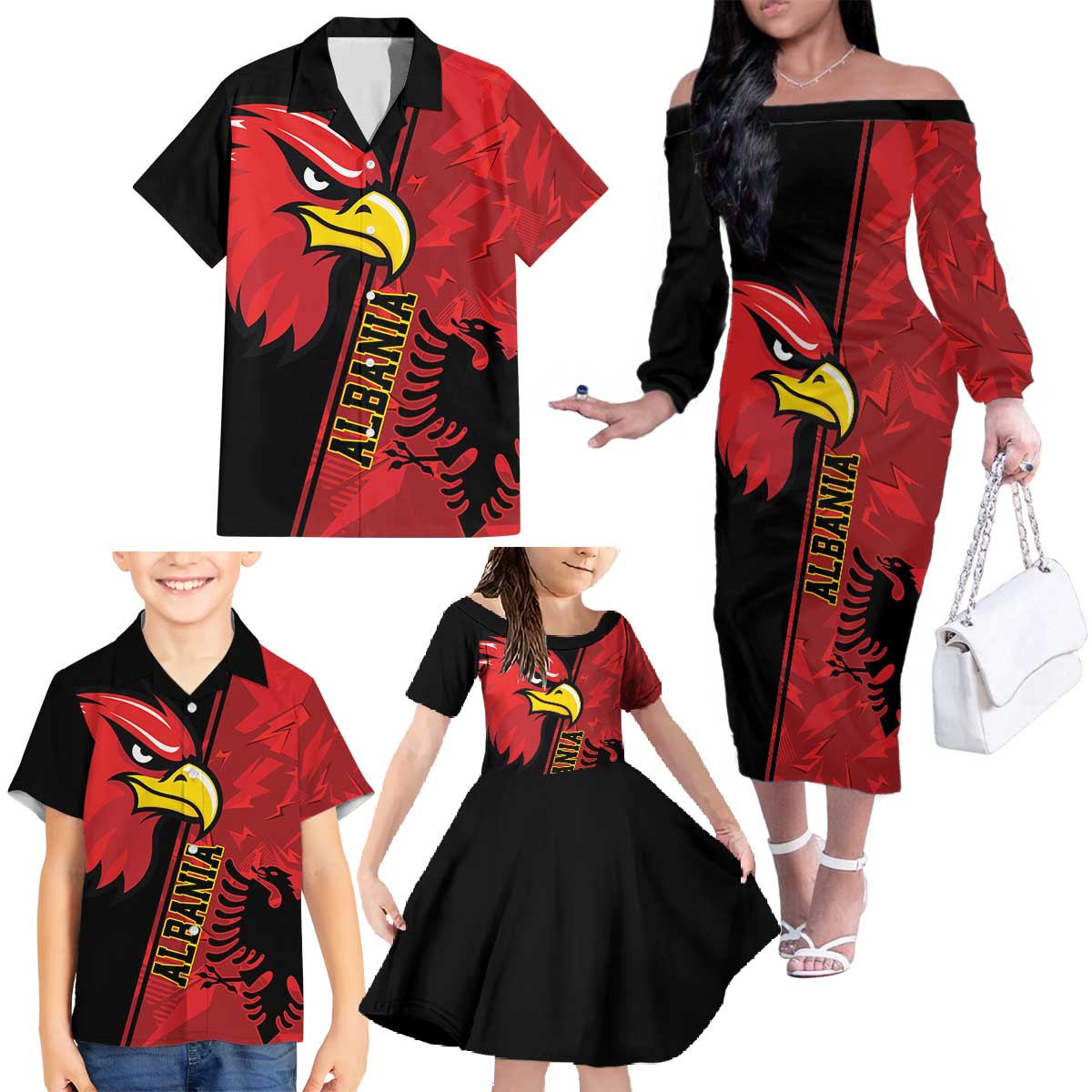 Albania Eagle Family Matching Off The Shoulder Long Sleeve Dress and Hawaiian Shirt National Emblem Grunge Pattern - Wonder Print Shop