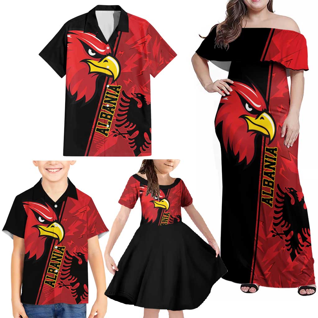 Albania Eagle Family Matching Off Shoulder Maxi Dress and Hawaiian Shirt National Emblem Grunge Pattern - Wonder Print Shop