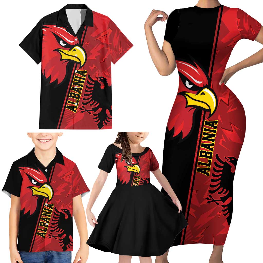 Albania Eagle Family Matching Short Sleeve Bodycon Dress and Hawaiian Shirt National Emblem Grunge Pattern - Wonder Print Shop