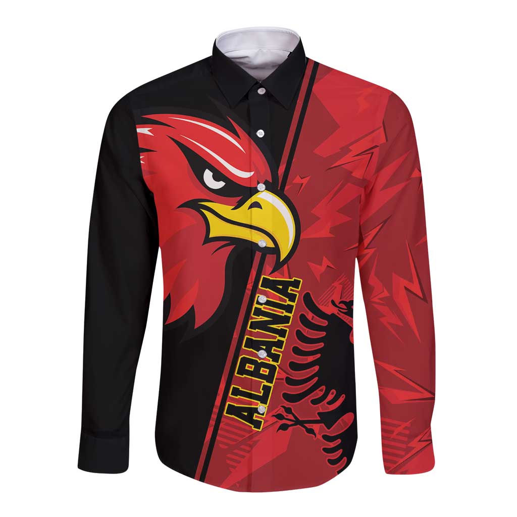 Red and black long sleeve button shirt with grunge eagle emblem graphic