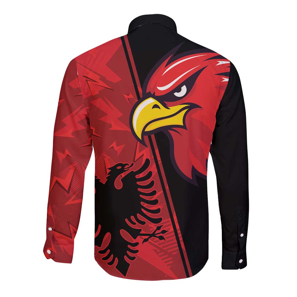 Red and black long sleeve button shirt with back eagle and claw graphic