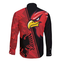 Red and black long sleeve button shirt with back eagle and claw graphic