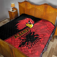 Quilted bed throw in black and red with Albania eagle grunge emblem, diamond quilt