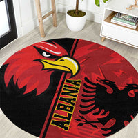 Round red eagle national emblem grunge rug with dark border and yellow text detail