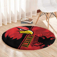 Round red eagle emblem grunge rug with black rays, yellow lettering, and red texture pattern
