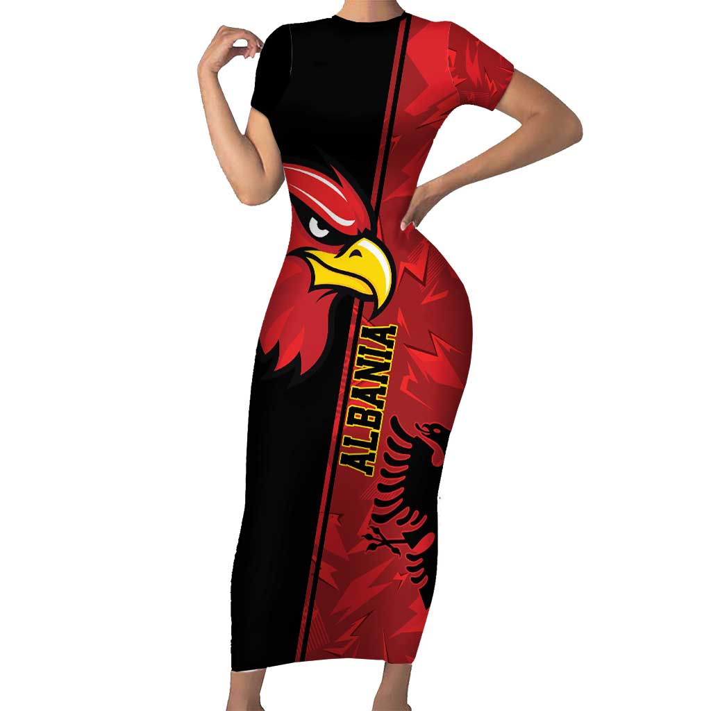 Albania Eagle Short Sleeve Bodycon Dress National Emblem Grunge Pattern - Wonder Print Shop