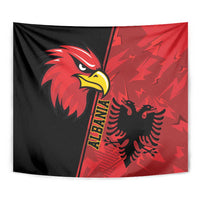 Albania eagle tapestry close-up showing red eagle head and black grunge emblem