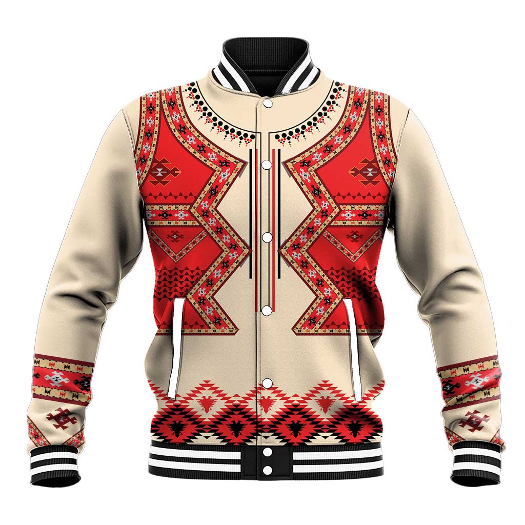 Beige and red patterned unisex baseball jacket with snap front and ribbed striped collar
