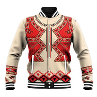 Beige and red patterned unisex baseball jacket with snap front and ribbed striped collar