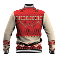 Back of beige and red geometric patterned unisex baseball jacket with ribbed striped cuffs