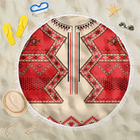 Round beach blanket, beige with red folk geometric pattern and white fringe edge