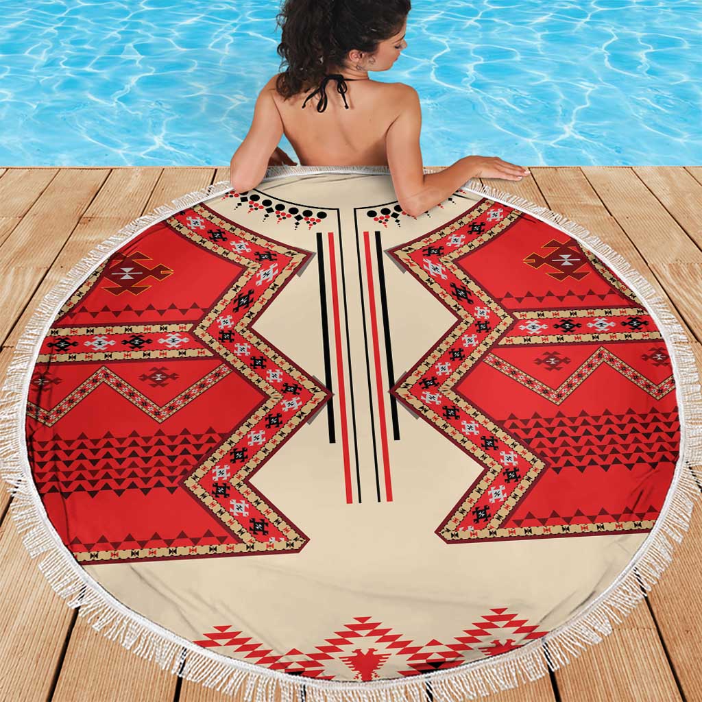 Round beach blanket, beige with red geometric folk motif and white tassel fringe