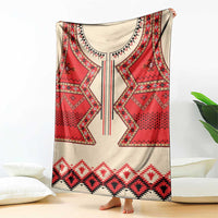 Folk eagle patterned throw blanket, red and cream with black geometric border