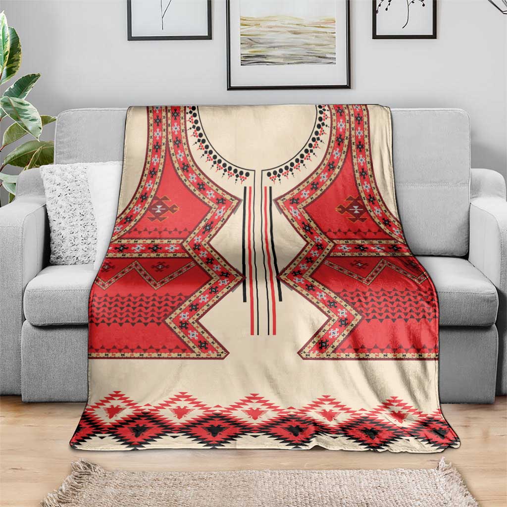 Folk eagle patterned blanket in red, cream, and black with bold geometric bottom band