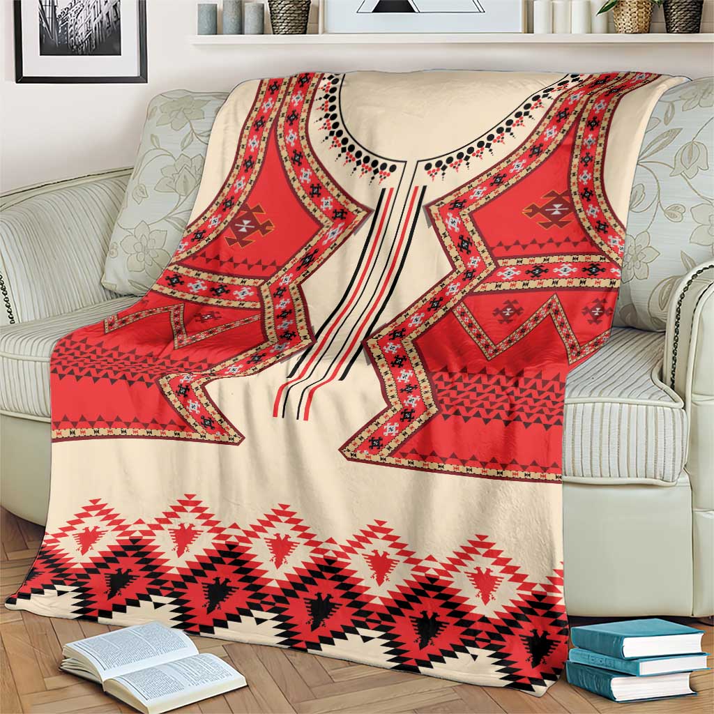 Red, cream, and black folk eagle blanket with detailed geometric diamond sections