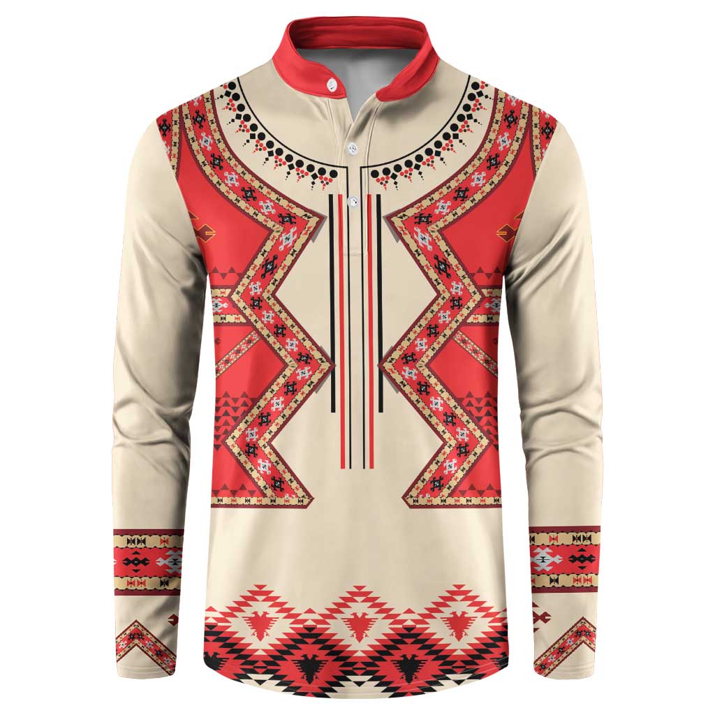 Beige folk print button sweatshirt with red contrast collar and vertical stripe placket