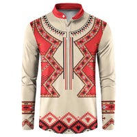 Beige folk print button sweatshirt with red contrast collar and vertical stripe placket