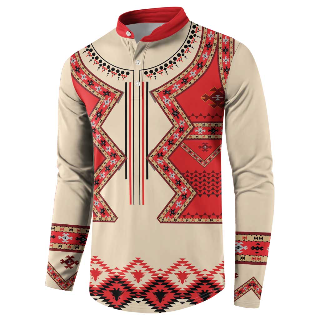 Beige folk print button sweatshirt with red collar, long sleeves, and vertical stripe placket