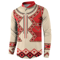 Beige folk print button sweatshirt with red collar, long sleeves, and vertical stripe placket