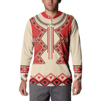 Beige and red folk print button sweatshirt with red collar and long sleeves