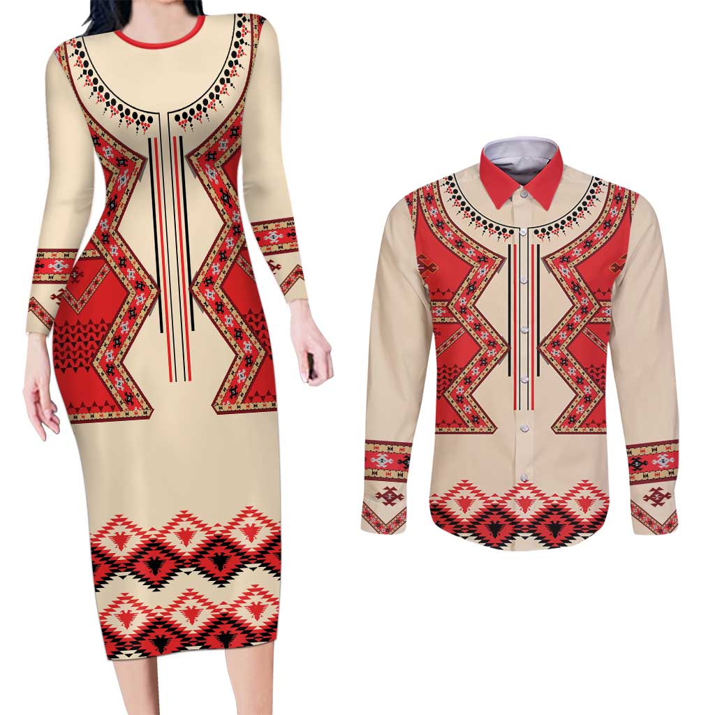 Folk Albanian Patterns Eagle Couples Matching Long Sleeve Bodycon Dress and Long Sleeve Button Shirt - Wonder Print Shop