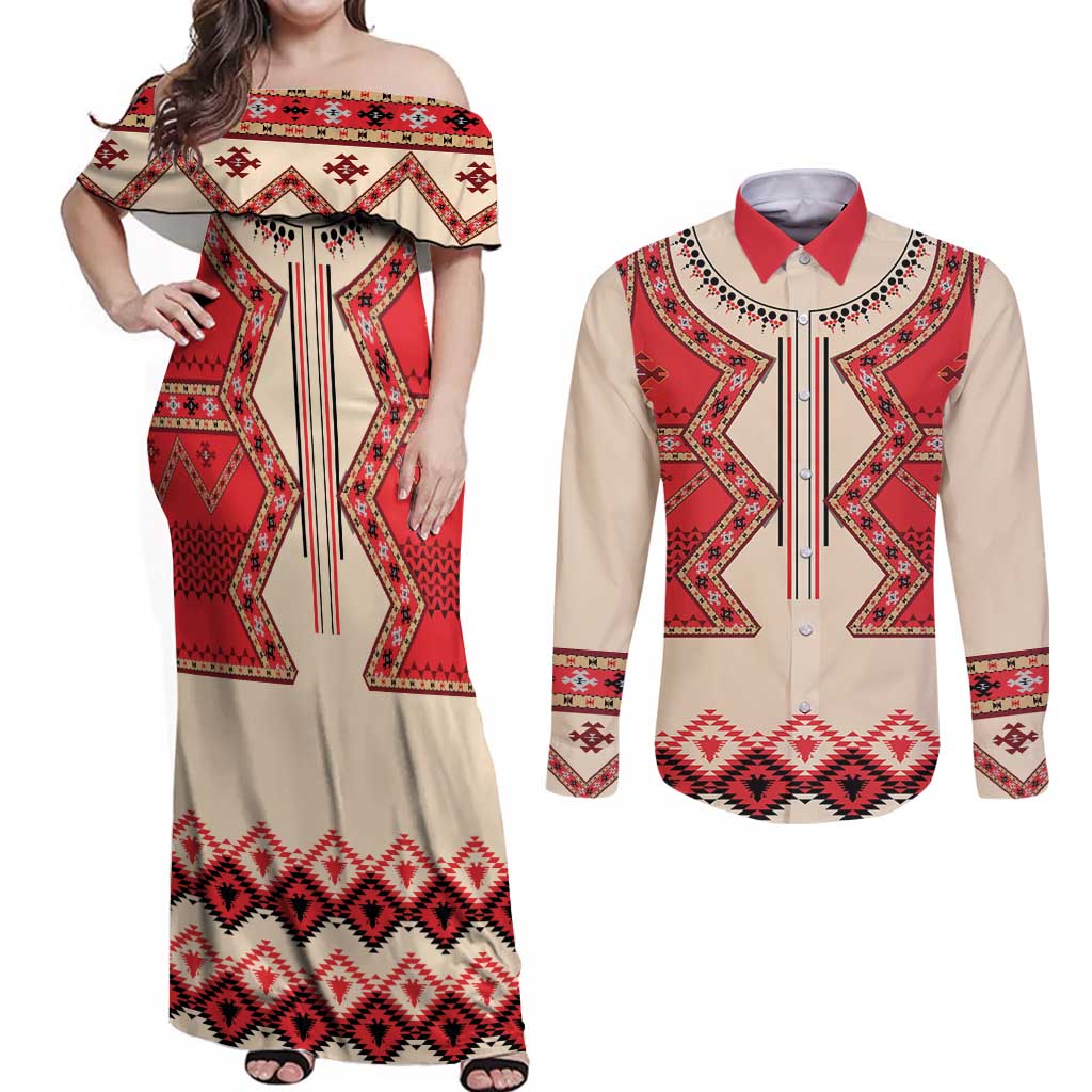 Folk Albanian Patterns Eagle Couples Matching Off Shoulder Maxi Dress and Long Sleeve Button Shirt - Wonder Print Shop