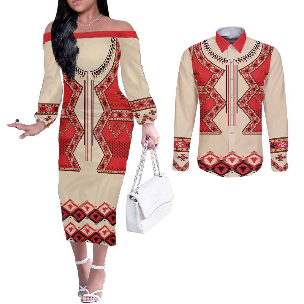 Folk Albanian Patterns Eagle Couples Matching Off The Shoulder Long Sleeve Dress and Long Sleeve Button Shirt