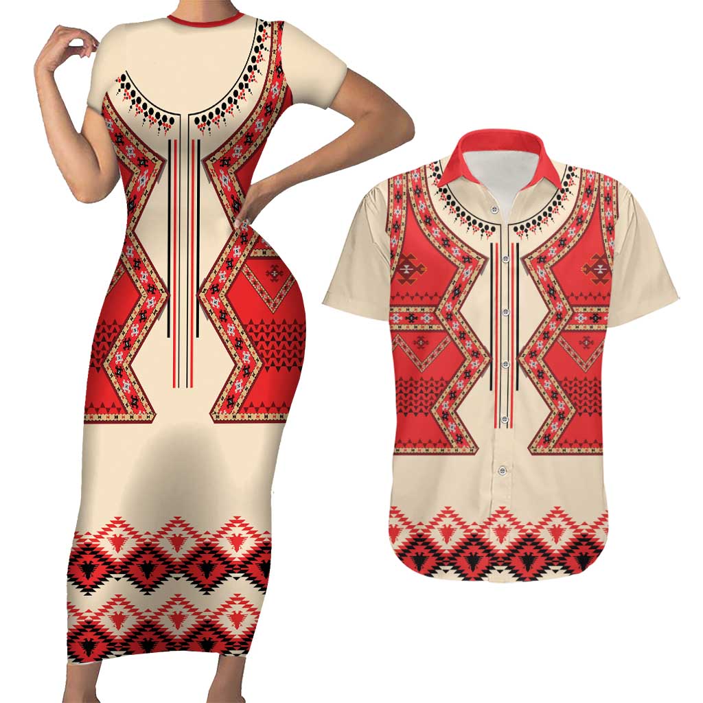 Folk Albanian Patterns Eagle Couples Matching Short Sleeve Bodycon Dress and Hawaiian Shirt - Wonder Print Shop