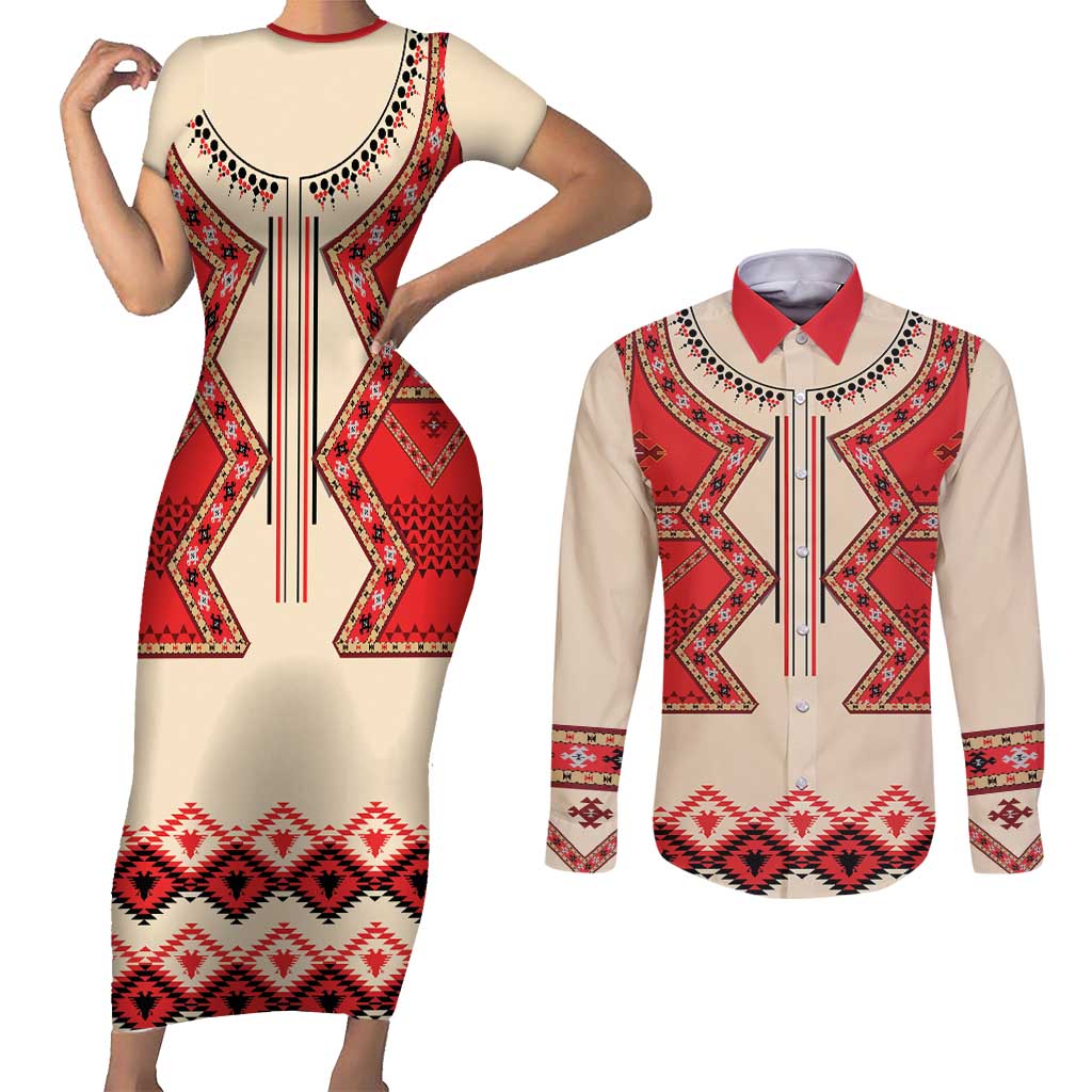 Folk Albanian Patterns Eagle Couples Matching Short Sleeve Bodycon Dress and Long Sleeve Button Shirt - Wonder Print Shop